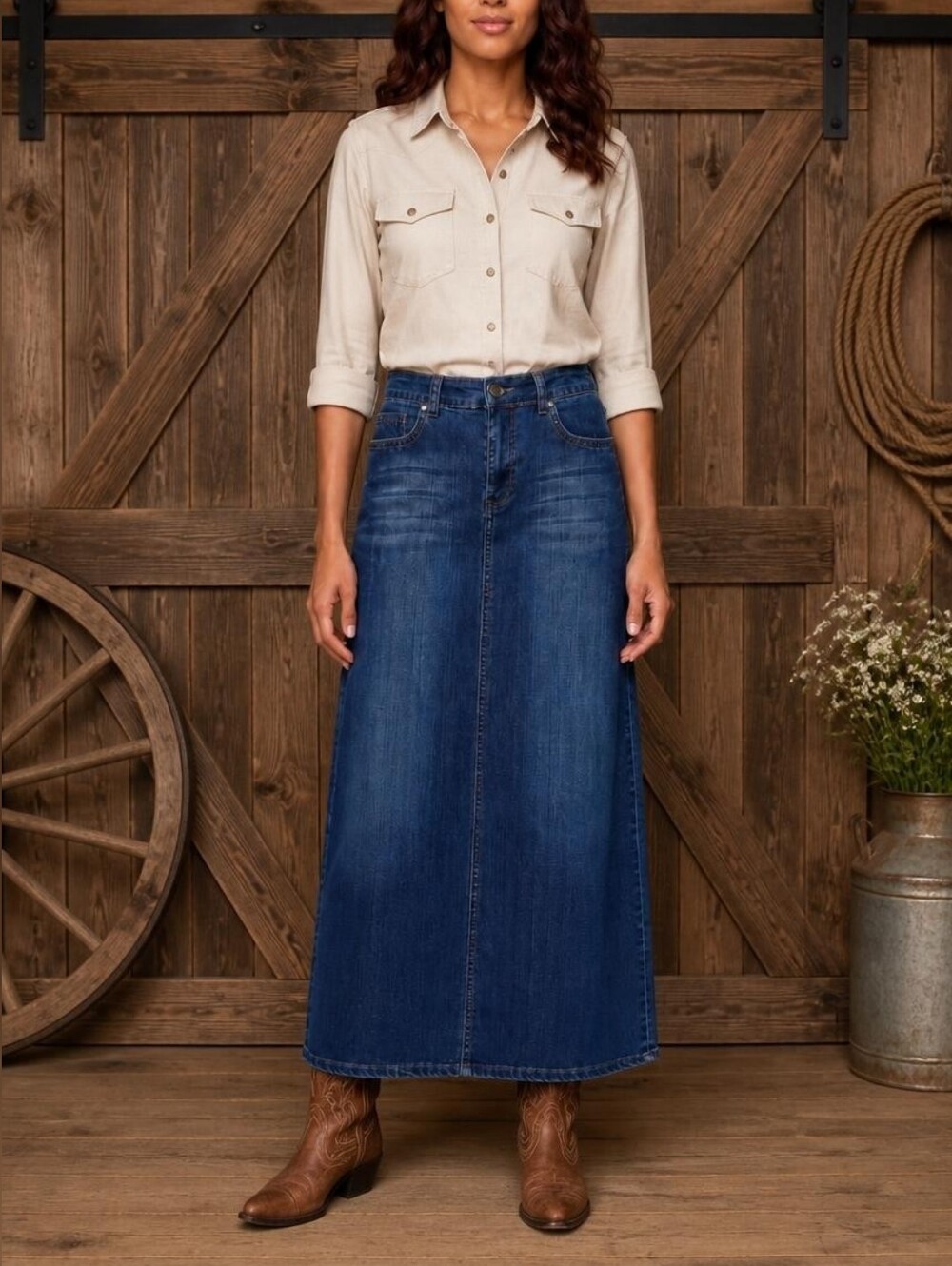 Y2K Denim Maxi Skirt With Embroidery - Dark Blue